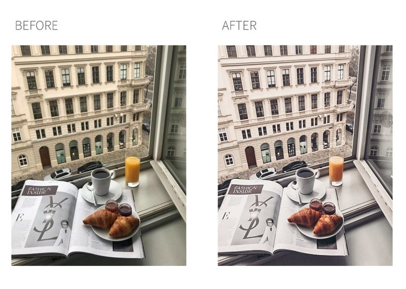 May include: A breakfast spread on a windowsill with a view of a city street. The spread includes a magazine, two croissants, a cup of coffee, and a glass of orange juice.