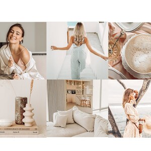 May include: A collage of lifestyle images featuring a woman in a white shirt, a woman in a striped jumpsuit, a cup of coffee, decorative vases, a modern living room, and a woman by the sea. The word "AFTER" is in the top left corner.