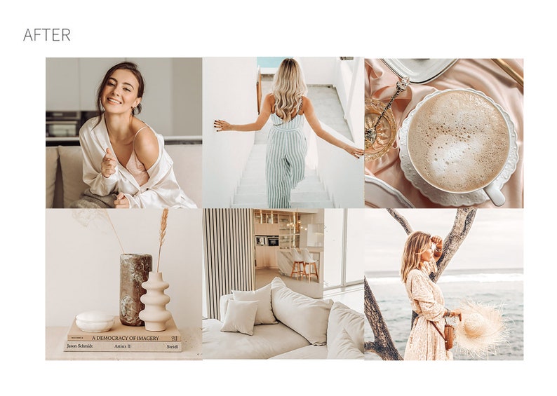 May include: A collage of lifestyle images featuring a woman in a white shirt, a woman in a striped jumpsuit, a cup of coffee, decorative vases, a modern living room, and a woman by the sea. The word "AFTER" is in the top left corner.