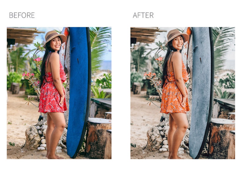 May include: A woman wearing a floral dress and a straw hat stands next to a blue surfboard. She is smiling and looking at the camera. The background is a tropical beach with palm trees.