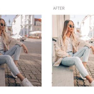 May include: A woman wearing sunglasses, a white t-shirt, light blue jeans, and a tan jacket sits on a concrete step. The image is taken outdoors with a blurred background of a city street and buildings. The image is labeled "AFTER".