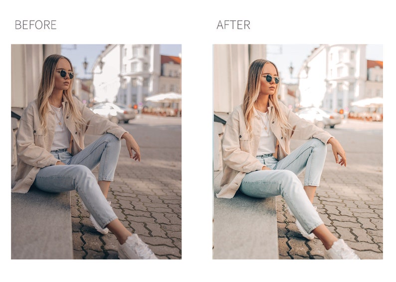 May include: A woman wearing sunglasses, a white t-shirt, light blue jeans, and a tan jacket sits on a concrete step. The image is taken outdoors with a blurred background of a city street and buildings. The image is labeled "AFTER".