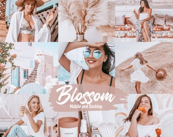 Puede incluir: Un collage de imágenes con diferentes mujeres en distintos escenarios. Las imágenes están editadas con un filtro cálido y de ensueño. El texto "Blossom Mobile and Desktop" está superpuesto a la imagen.