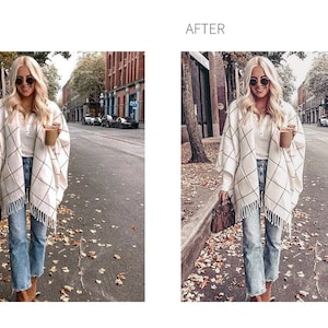 May include: A woman wearing a white and black plaid poncho with fringe, blue jeans, and brown boots. She is holding a to-go cup of coffee and walking down a city street.
