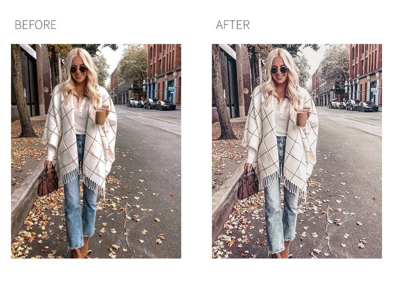 May include: A woman wearing a white and black plaid poncho with fringe, blue jeans, and brown boots. She is holding a to-go cup of coffee and walking down a city street.