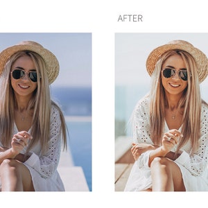May include: A woman wearing a straw hat and sunglasses, and a white dress. The image has the text "BEFORE" and "AFTER" at the top, showing a before and after photo editing comparison. The background is a blurred view of the ocean.