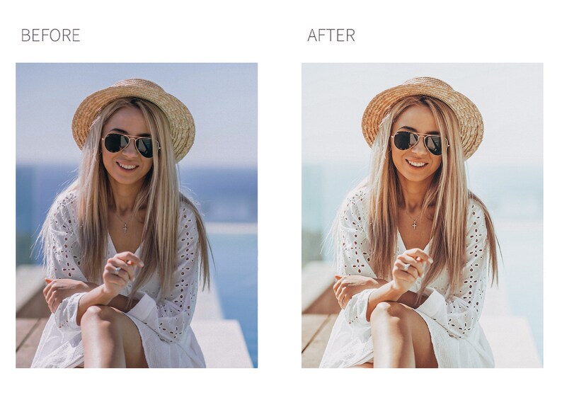 May include: A woman wearing a straw hat and sunglasses, and a white dress. The image has the text "BEFORE" and "AFTER" at the top, showing a before and after photo editing comparison. The background is a blurred view of the ocean.