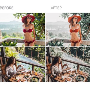 May include: A before and after image showing the effects of a photo filter. The before image shows a woman wearing a red bikini and a red hat, sitting on a balcony overlooking a tropical landscape. The after image shows the same woman with a more muted color palette and a softer, more dreamy look.