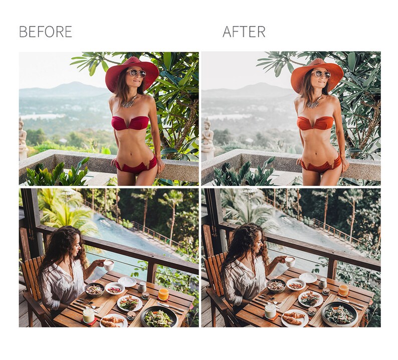 May include: A before and after image showing the effects of a photo filter. The before image shows a woman wearing a red bikini and a red hat, sitting on a balcony overlooking a tropical landscape. The after image shows the same woman with a more muted color palette and a softer, more dreamy look.