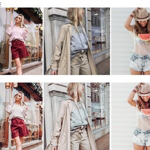 May include: Three images showing different outfits. The first image shows a person wearing a pink sweater, red shorts, and a brown belt. The second image shows a person wearing a beige trench coat, a grey hoodie, and beige pants. The third image shows a person wearing a white sheer top, denim shorts, and a straw hat. The person is holding a slice of watermelon.