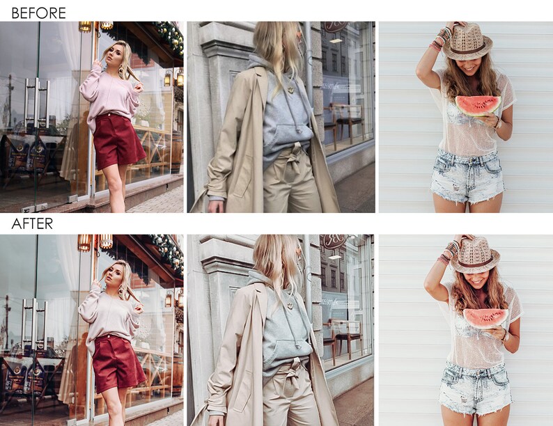 May include: Three images showing different outfits. The first image shows a person wearing a pink sweater, red shorts, and a brown belt. The second image shows a person wearing a beige trench coat, a grey hoodie, and beige pants. The third image shows a person wearing a white sheer top, denim shorts, and a straw hat. The person is holding a slice of watermelon.
