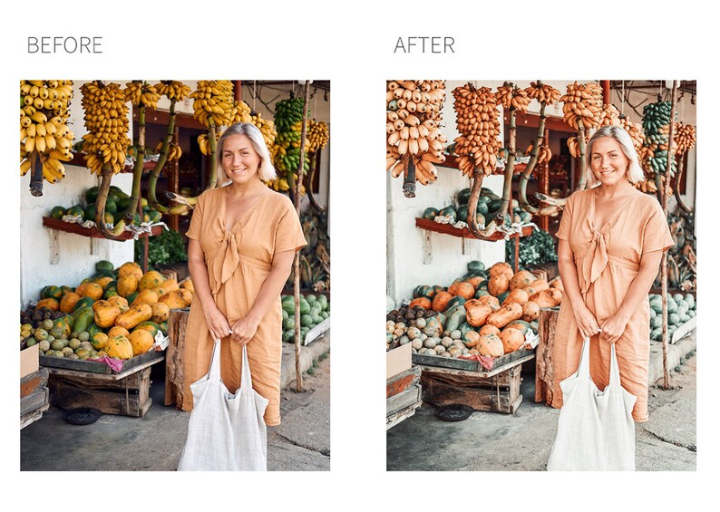 May include: A woman in a light orange dress stands in front of a fruit stand with a variety of fruits and vegetables. She is holding a white tote bag.
