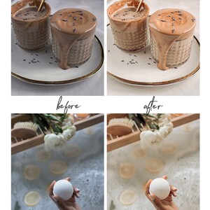 May include: Two glasses of a brown beverage with a thick, foamy top, garnished with lavender, sit on a white plate with a gold rim. The image also shows a before and after photo of a bath with a bath bomb.