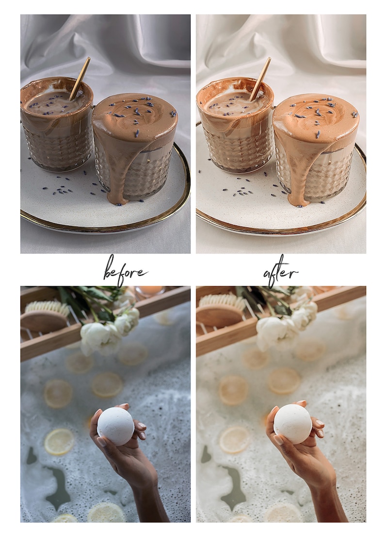 May include: Two glasses of a brown beverage with a thick, foamy top, garnished with lavender, sit on a white plate with a gold rim. The image also shows a before and after photo of a bath with a bath bomb.