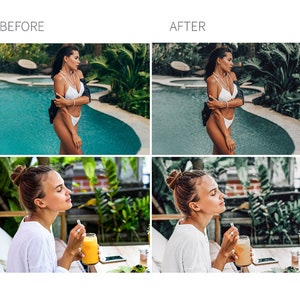 May include: Before and after photo editing comparison. The top row shows a woman in a white bikini by a pool with lush green foliage. The bottom row shows a woman drinking a glass of orange juice at a table with green plants in the background.