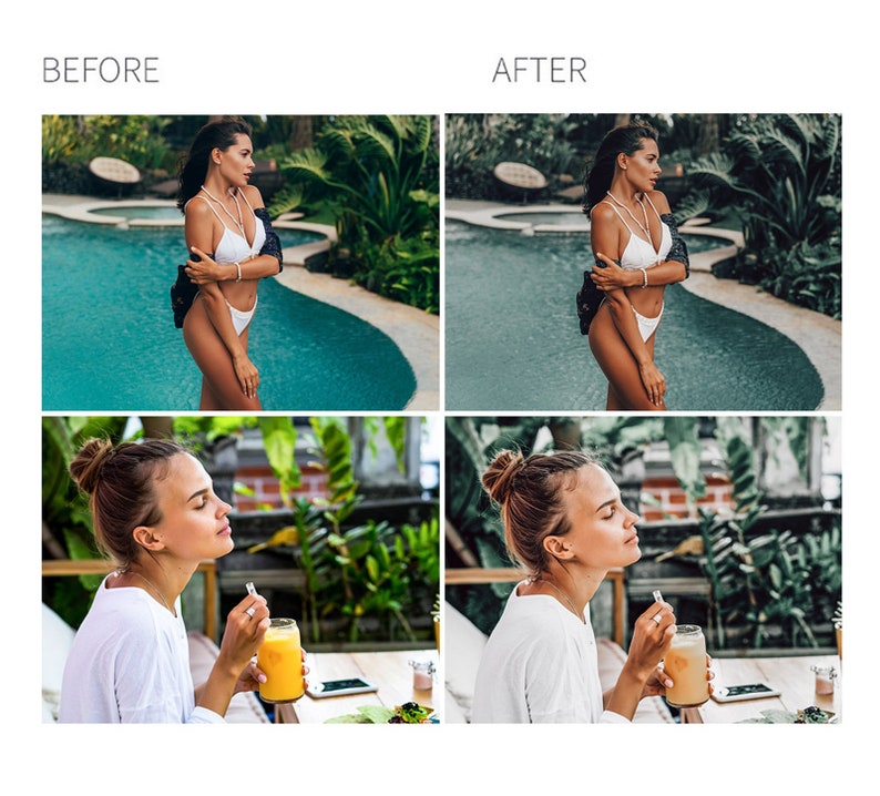 May include: Before and after photo editing comparison. The top row shows a woman in a white bikini by a pool with lush green foliage. The bottom row shows a woman drinking a glass of orange juice at a table with green plants in the background.