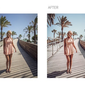 May include: A woman wearing a pink dress and sunglasses walks on a wooden boardwalk with palm trees in the background.