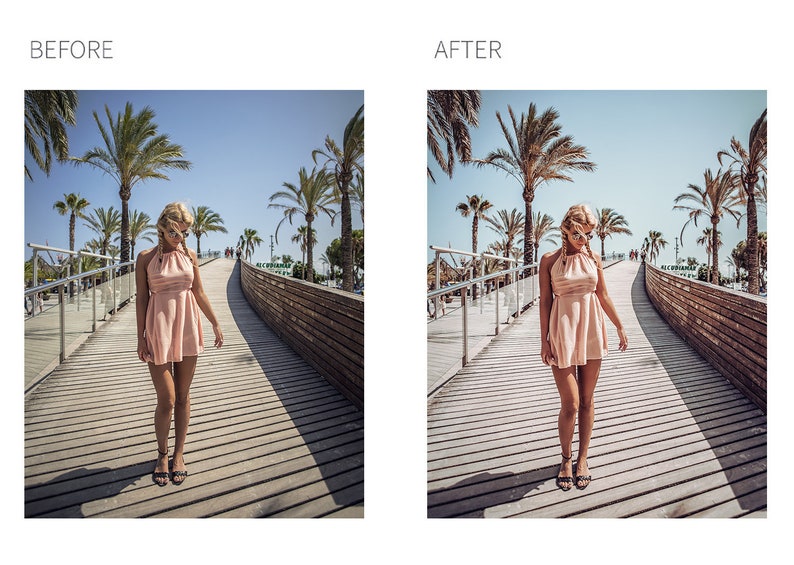 May include: A woman wearing a pink dress and sunglasses walks on a wooden boardwalk with palm trees in the background.