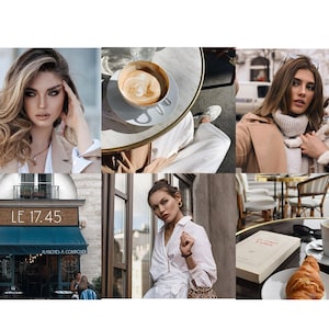 May include: A collage of images featuring a woman with long brown hair, a cafe with a sign that reads "LE 17.45", a woman wearing a white shirt, and a cafe table with a croissant, a cup of coffee, and a book.
