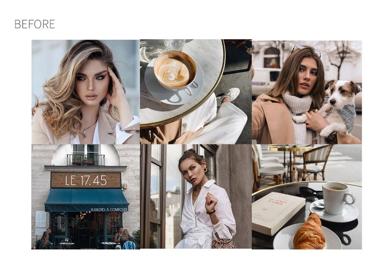 May include: A collage of images featuring a woman with long brown hair, a cafe with a sign that reads "LE 17.45", a woman wearing a white shirt, and a cafe table with a croissant, a cup of coffee, and a book.