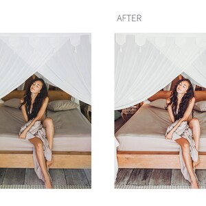 May include: A woman sits on a bed with a white canopy, wearing a white top and a beige skirt. The bed has a beige linen sheet and a wooden frame.