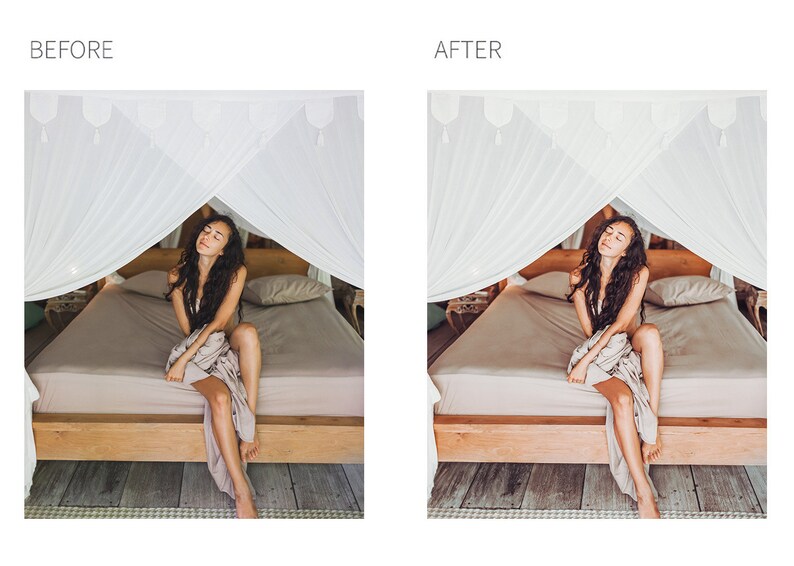 May include: A woman sits on a bed with a white canopy, wearing a white top and a beige skirt. The bed has a beige linen sheet and a wooden frame.