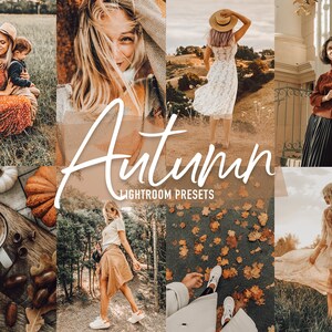 May include: A collage of images featuring people in autumnal settings. The images include a family in a field, a woman in a white dress, a woman in a brown sweater and black skirt, and a woman in a white dress with a flowing skirt. The text "Autumn Lightroom Presets" is superimposed on the images.