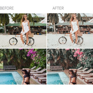 May include: A split image showing before and after photo editing. The before image shows a woman in a white dress standing next to a bicycle on a beach. The after image shows the same scene with enhanced colors and a more vibrant look. The bottom half of the image shows a pool with a woman in a black swimsuit standing in the water. The after image shows the same scene with a more dramatic and moody look.