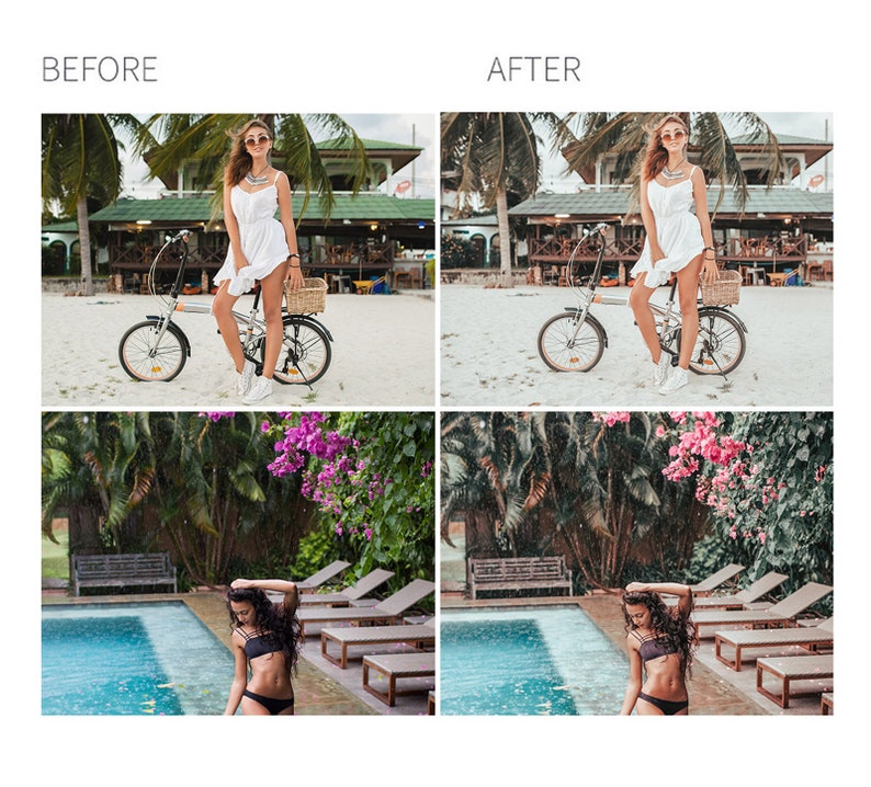 May include: A split image showing before and after photo editing. The before image shows a woman in a white dress standing next to a bicycle on a beach. The after image shows the same scene with enhanced colors and a more vibrant look. The bottom half of the image shows a pool with a woman in a black swimsuit standing in the water. The after image shows the same scene with a more dramatic and moody look.