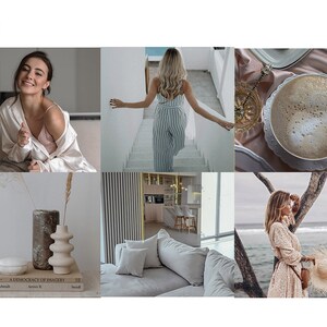 May include: A collage of lifestyle images featuring a woman in a silk robe, a woman walking up stairs, a cup of coffee, a vase with dried plants, a modern living room, and a woman on the beach.