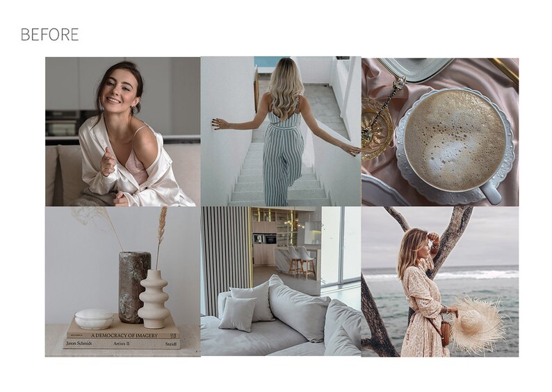 May include: A collage of lifestyle images featuring a woman in a silk robe, a woman walking up stairs, a cup of coffee, a vase with dried plants, a modern living room, and a woman on the beach.