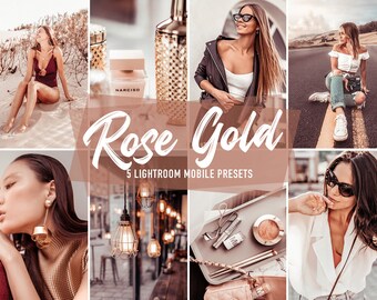 May include: Five Lightroom Mobile Presets for editing photos in a rose gold color scheme. The presets are designed to give photos a warm, romantic, and vintage look.