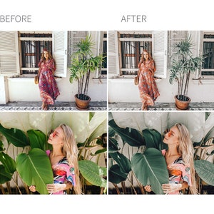 May include: Two images showing a woman in a red and white floral dress. The first image shows her standing in front of a window with a potted plant. The second image shows her standing in front of a large green leaf.