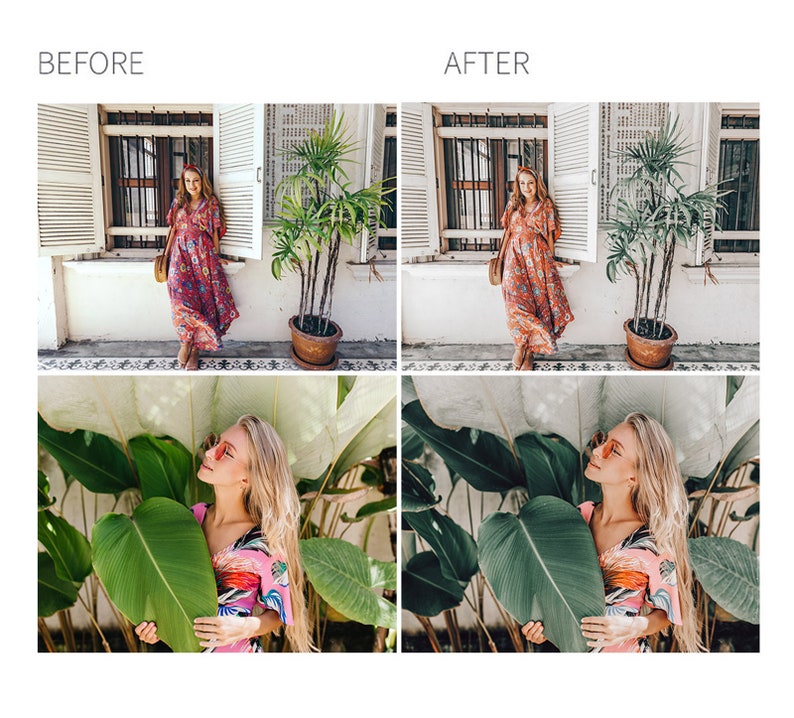 May include: Two images showing a woman in a red and white floral dress. The first image shows her standing in front of a window with a potted plant. The second image shows her standing in front of a large green leaf.