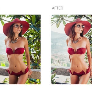 May include: A woman wearing a red bikini top and matching bottoms with a red wide-brimmed hat and sunglasses. She is standing in front of a lush green tropical background.