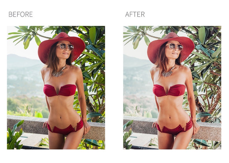 May include: A woman wearing a red bikini top and matching bottoms with a red wide-brimmed hat and sunglasses. She is standing in front of a lush green tropical background.