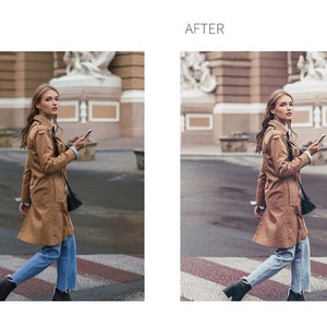 May include: A woman wearing a brown trench coat, blue jeans, and black ankle boots walks across a crosswalk while looking over her shoulder and holding a smartphone.