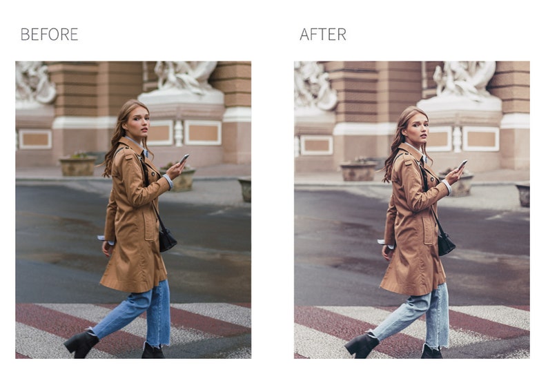 May include: A woman wearing a brown trench coat, blue jeans, and black ankle boots walks across a crosswalk while looking over her shoulder and holding a smartphone.