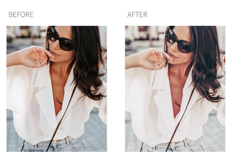 May include: A woman wearing a white button-down shirt with a brown leather strap and a pair of black sunglasses. She is wearing blue jeans and has her hand on her chin.