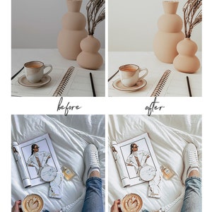 May include: Aesthetic image with a before and after comparison. The top shows a coffee cup, saucer, notebook, and vases. The bottom shows a magazine, perfume, and sneakers. The text "before" and "after" is visible.