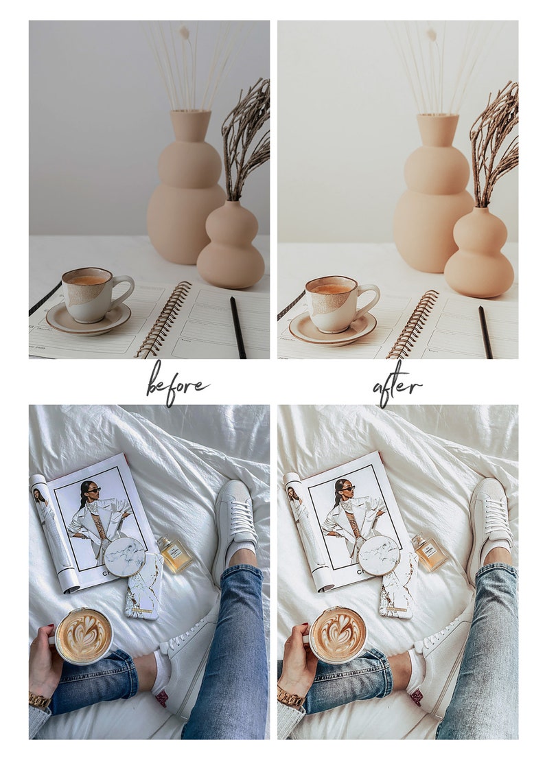 May include: Aesthetic image with a before and after comparison. The top shows a coffee cup, saucer, notebook, and vases. The bottom shows a magazine, perfume, and sneakers. The text "before" and "after" is visible.