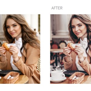 May include: A woman sits at a cafe table, enjoying a pastry and a cup of coffee. She is wearing a brown coat and a white shirt. The table is set with a white saucer and a cup, a wicker basket, and a plate with a pastry.