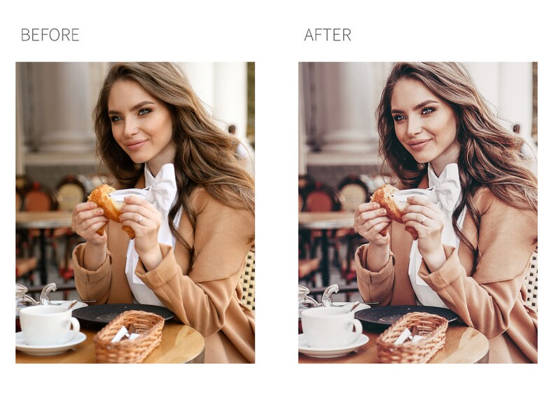 May include: A woman sits at a cafe table, enjoying a pastry and a cup of coffee. She is wearing a brown coat and a white shirt. The table is set with a white saucer and a cup, a wicker basket, and a plate with a pastry.