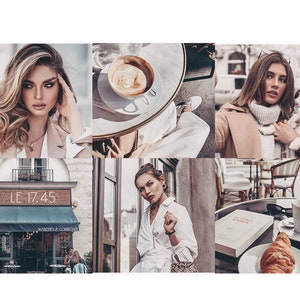 May include: A collage of images featuring a woman in a beige coat, a woman in a white shirt, a woman with long brown hair, a cup of coffee, a croissant, and a book with the text "Le Petit Journal".