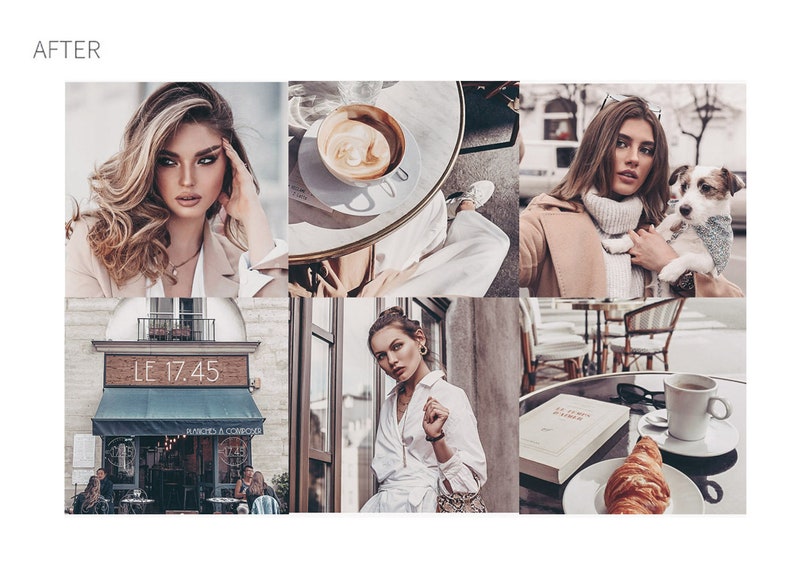 May include: A collage of images featuring a woman in a beige coat, a woman in a white shirt, a woman with long brown hair, a cup of coffee, a croissant, and a book with the text "Le Petit Journal".