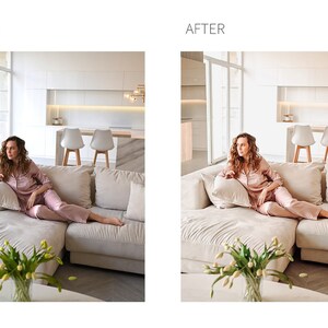 May include: A woman wearing pink pajamas sits on a large, light-colored sectional sofa in a modern living room. The room features white walls, a kitchen, and large windows. The text "BEFORE" and "AFTER" are visible.