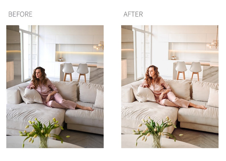 May include: A woman wearing pink pajamas sits on a large, light-colored sectional sofa in a modern living room. The room features white walls, a kitchen, and large windows. The text "BEFORE" and "AFTER" are visible.