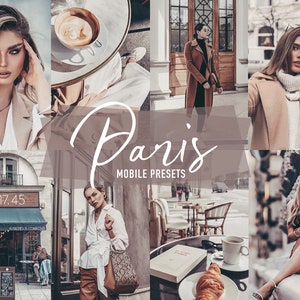 May include: A collage of images featuring Parisian street scenes, cafes, and people. The images are in a warm, vintage color palette. The text "Paris Mobile Presets" is superimposed on the images.