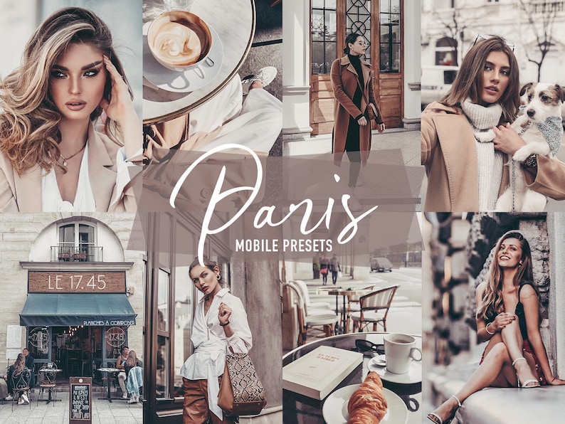May include: A collage of images featuring Parisian street scenes, cafes, and people. The images are in a warm, vintage color palette. The text "Paris Mobile Presets" is superimposed on the images.