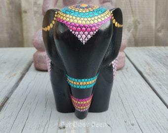 Handmade elephant figurine - mandala dot art - stone -  spiritual gift - black - pink - gold - turquoise